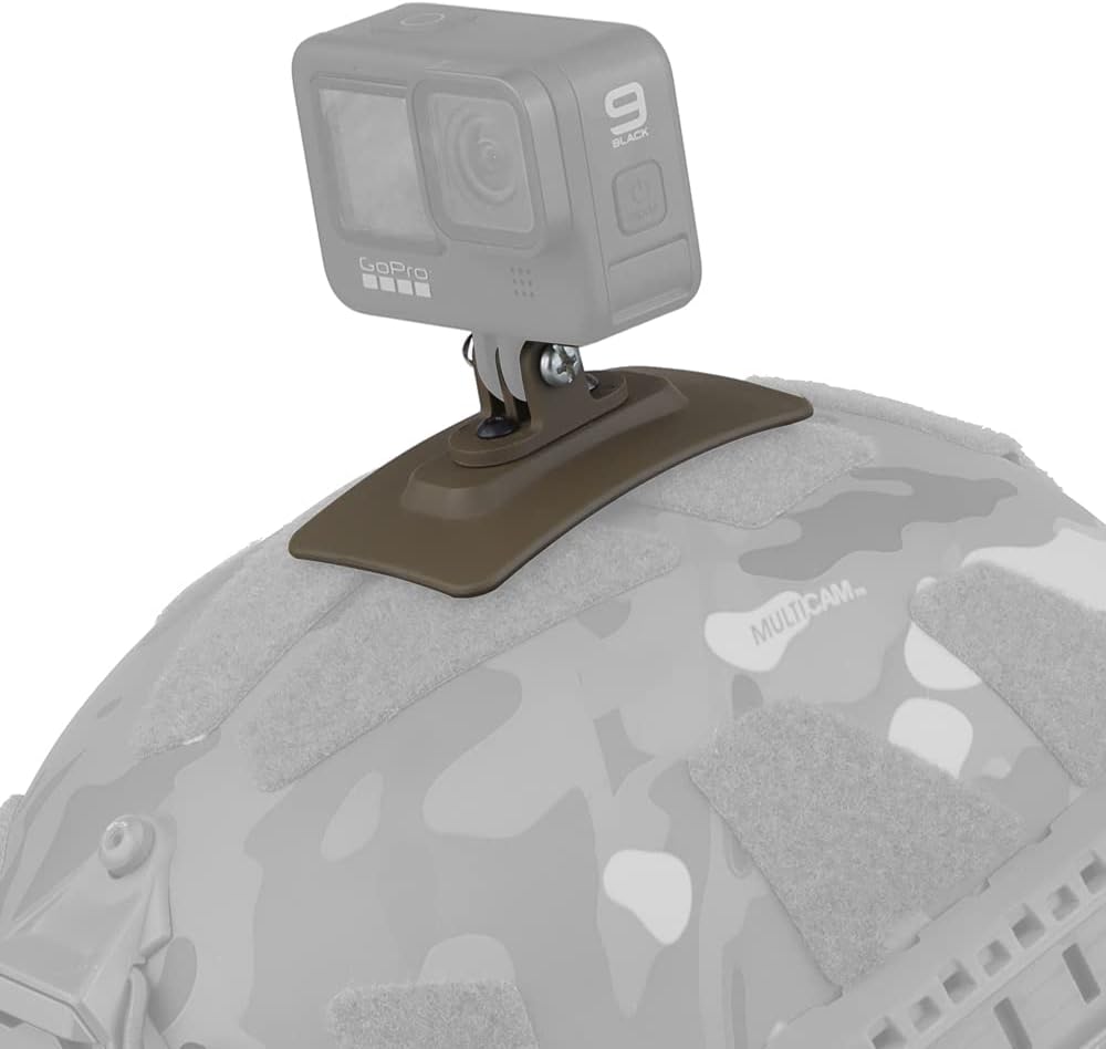 Tactical Helmet with Tan Quick Attach M-LOK Adapter, Picatinny, and Action Camera Mount attached.