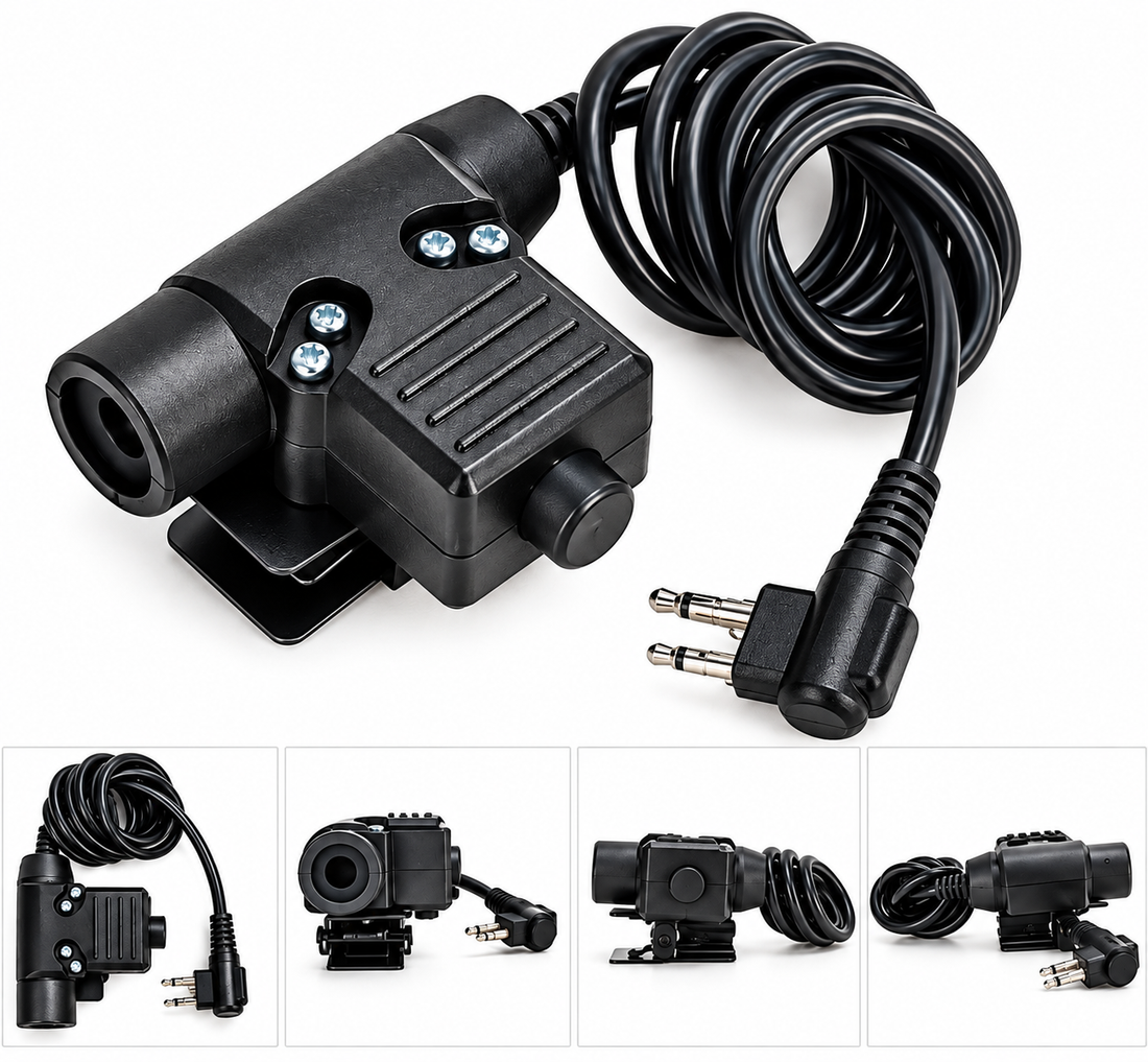 Black two-way radio PTT adapter with coiled cable, right-angle 2-pin connector, mounting clip, and multiple product views on a white background.