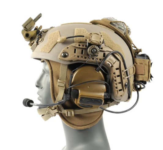 Tactical helmet with Bifrost Gear ARC rail headset adapter and mounted comms