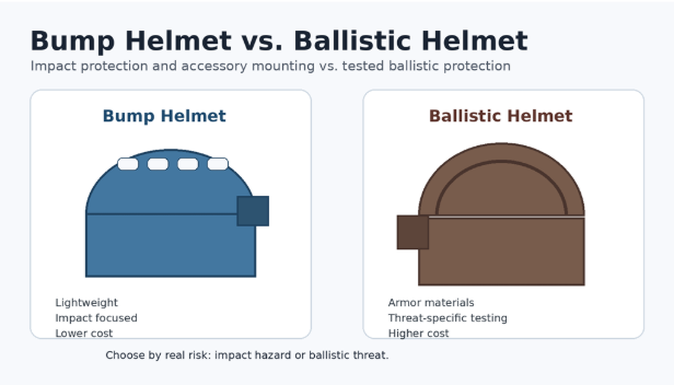 Bump helmet vs. ballistic helmet comparison showing impact protection and accessory mounting versus tested ballistic threat protection