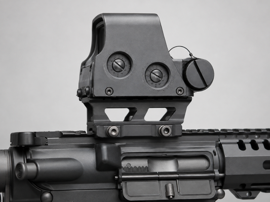 EOTech 512 holographic sight mounted on a riser above a rifle rail, showing the increased optic height and mounting position.