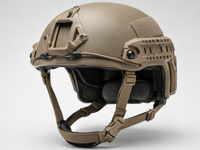 Tan high-cut tactical helmet with front shroud, side rails, retention straps, and interior padding on a neutral background.