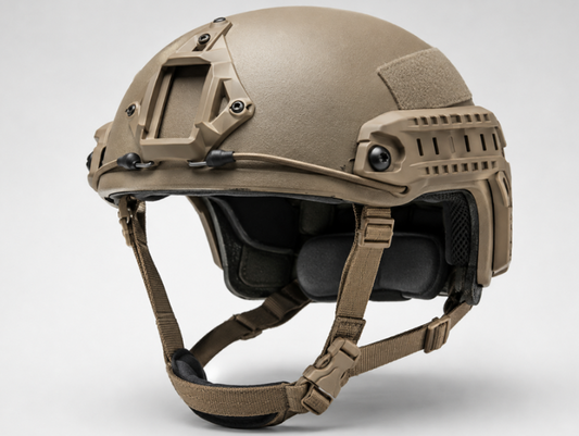 Tan high-cut tactical helmet with front shroud, side rails, retention straps, and interior padding on a neutral background.