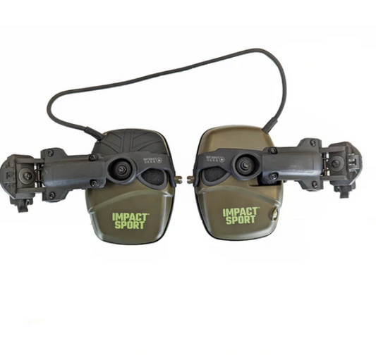 Howard Leight Impact Sport headset equipped with Bifrost Gear helmet mount adapters for tactical use.