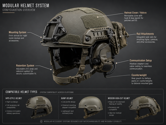 Modular tactical helmet accessory setup with labeled mounting system, rails, headset, retention system, and counterweight.