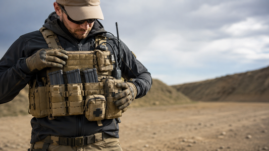 Professional operator adjusting a MOLLE chest rig with tactical pouches in an outdoor training environment