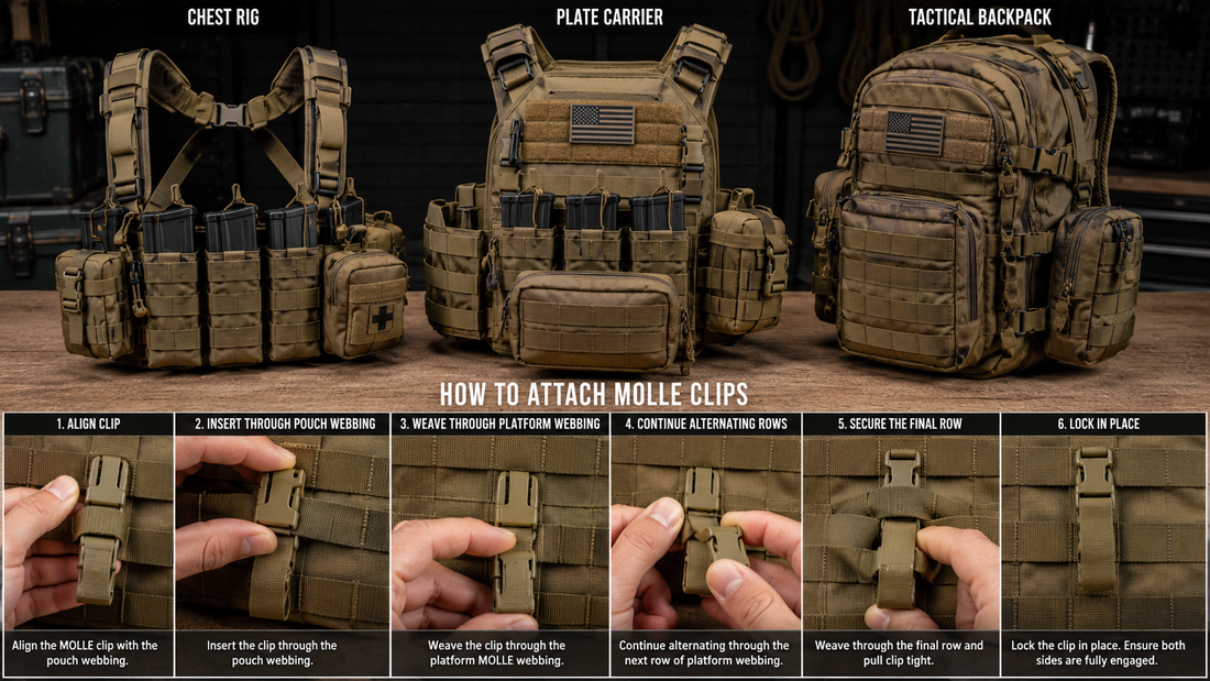Step-by-step MOLLE clip attachment guide showing a chest rig, plate carrier, tactical backpack, and hands weaving clips through MOLLE webbing.