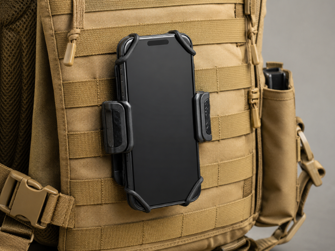Smartphone secured in a MOLLE-compatible phone mount attached to webbing on tactical gear.