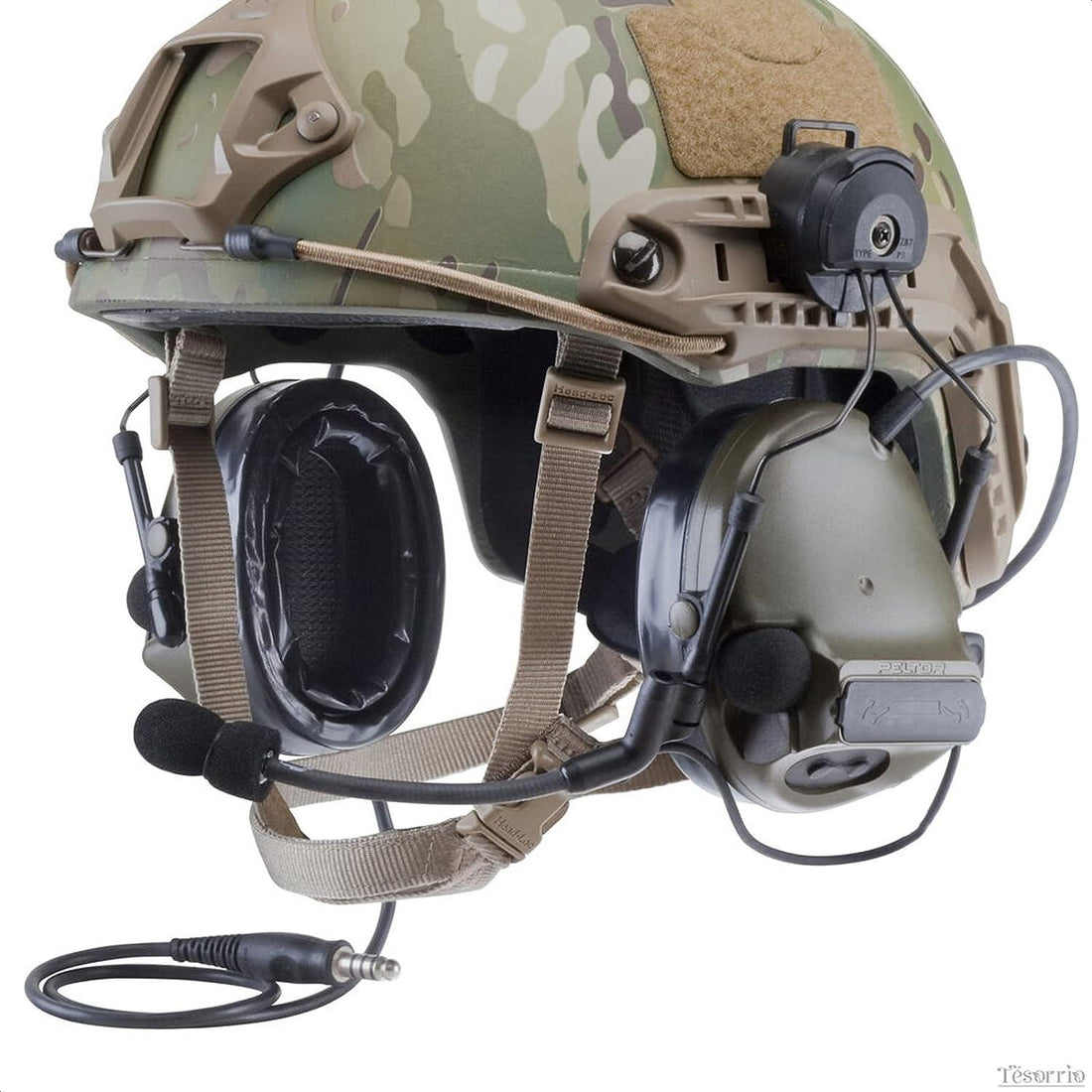 Tactical communications headset mounted to helmet ARC rails for hands-free hearing protection