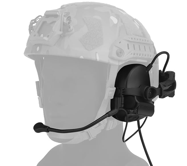 Peltor Comtac headset mounted on a tactical helmet with COM-RAC adapter and boom mic upgrade.