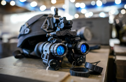 Military helmet with mounted PVS-31 night vision goggles featuring dual blue lenses.