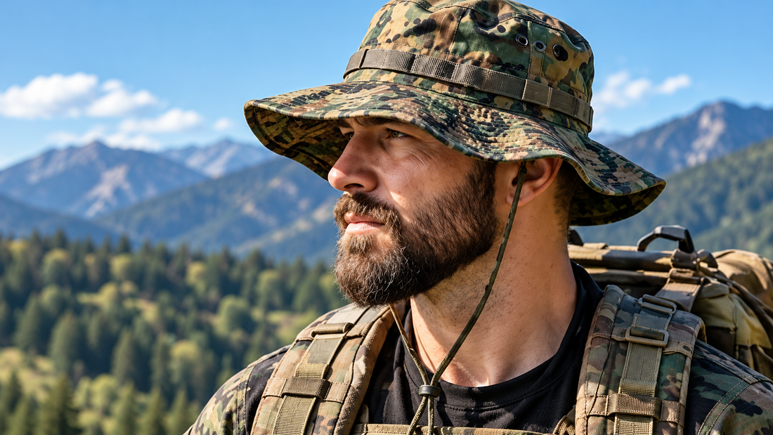 Man wearing a tactical boonie hat outdoors in a mountainous environment