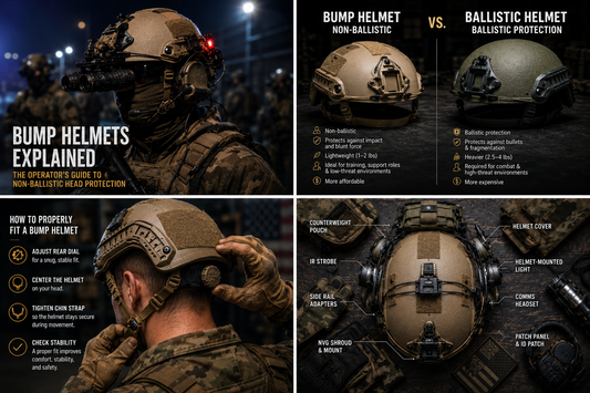 Tactical bump helmet accessories infographic with NVG mounts, counterweights, IR strobes, side rails, and helmet covers.