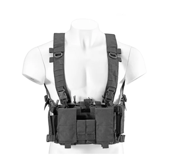 Tactical chest rig with MOLLE pouches for carrying magazines and gear in field operations