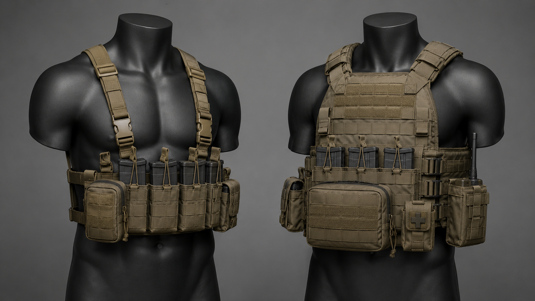 Chest rig and plate carrier displayed side by side, showing differences in tactical gear storage, MOLLE webbing, pouches, and overall coverage.