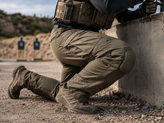 Tactical operator kneeling behind concrete cover in premium ripstop combat pants with integrated knee pads at an outdoor shooting range.