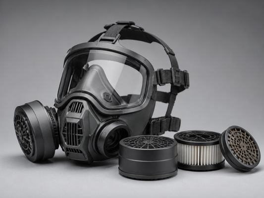 Full-face tactical-style respirator displayed with several replaceable filter cartridges on a neutral background.