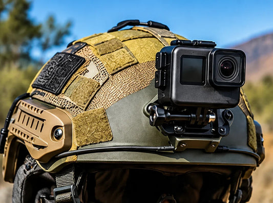 Illustrative example of an action camera mounted close to the helmet shell.