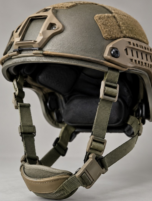 Tactical helmet with four-point chin strap and padded retention system shown from an angled side view