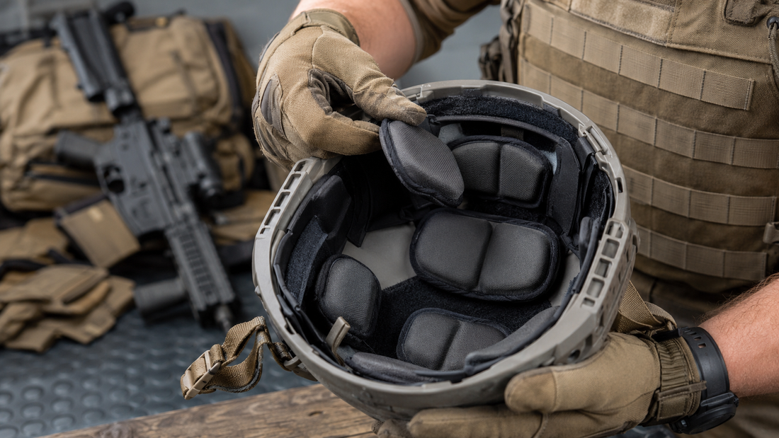Close-up of tactical helmet interior padding system being adjusted for comfort, impact protection, and secure fit