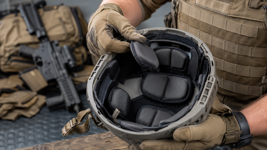 Close-up of tactical helmet interior padding system being adjusted for comfort, impact protection, and secure fit