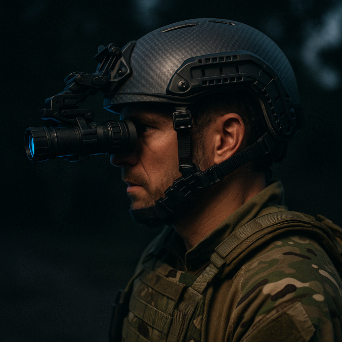 Side profile of a soldier wearing a tactical helmet with night vision mount during low-light operation