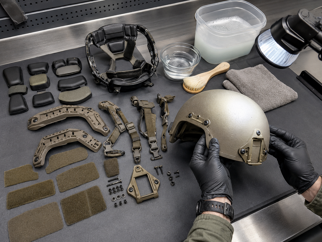 Technician inspecting a disassembled tactical helmet with pads, retention straps, rails, mounting hardware, and cleaning supplies.