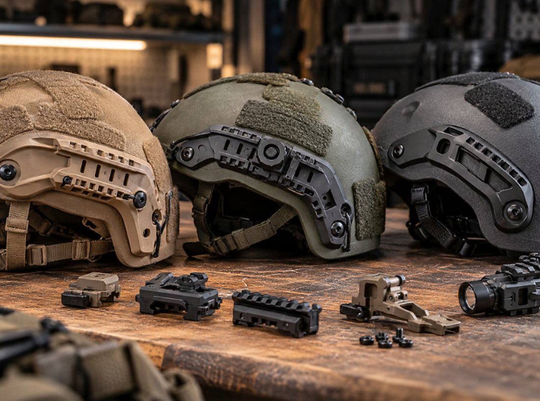Three tactical helmets with side rail systems and various mounting accessories displayed on a workbench.