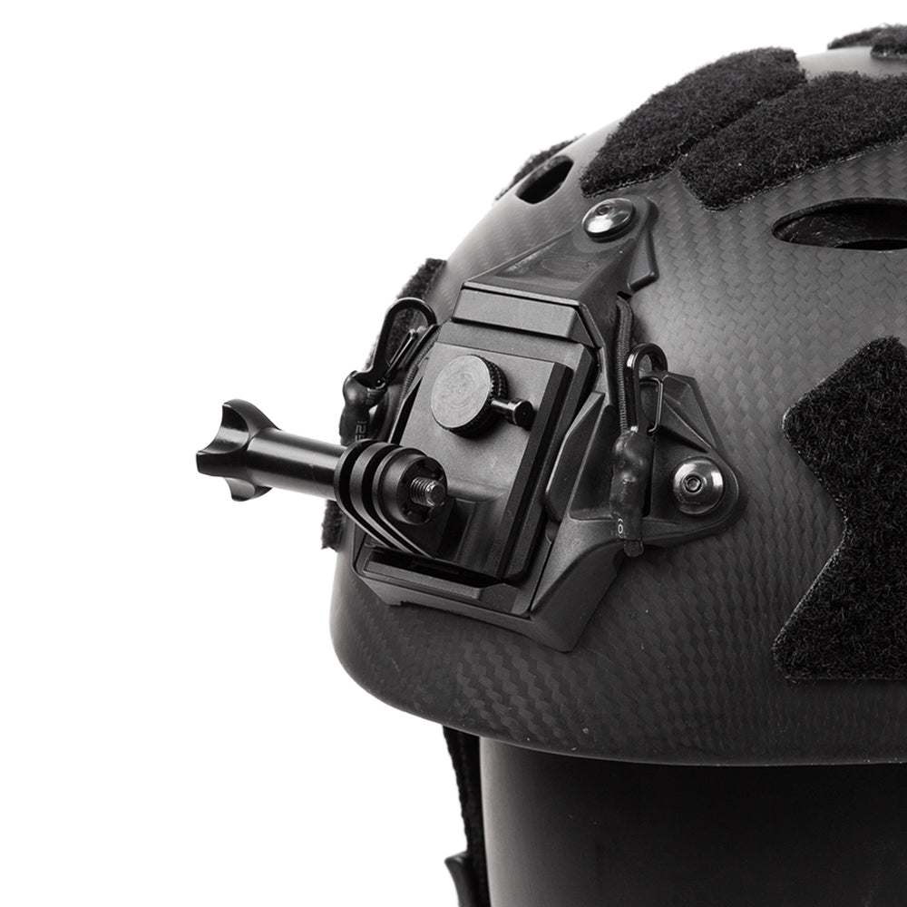 Black aluminum NVG mount adapter for attaching action cameras to tactical helmets.