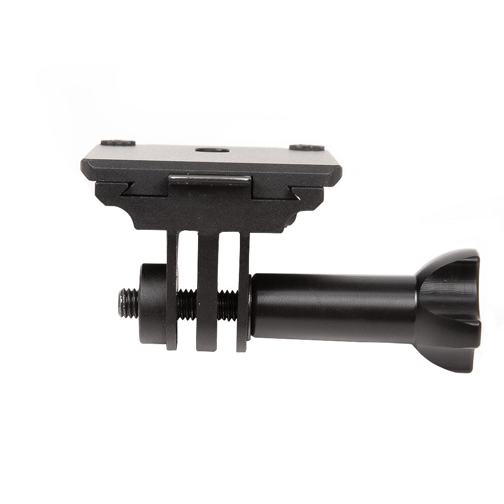 Black action camera mount for tactical helmets using NVG mount bracket.