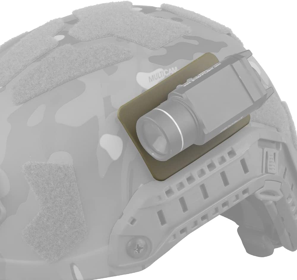 Tan Quick Attach M-LOK Adapter for Tactical Helmets with Picatinny and Action Camera Mount in use.