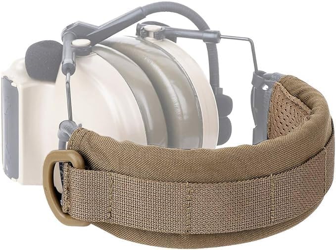 Tan Headband Cover for Earmuffs and Headsets in use.
