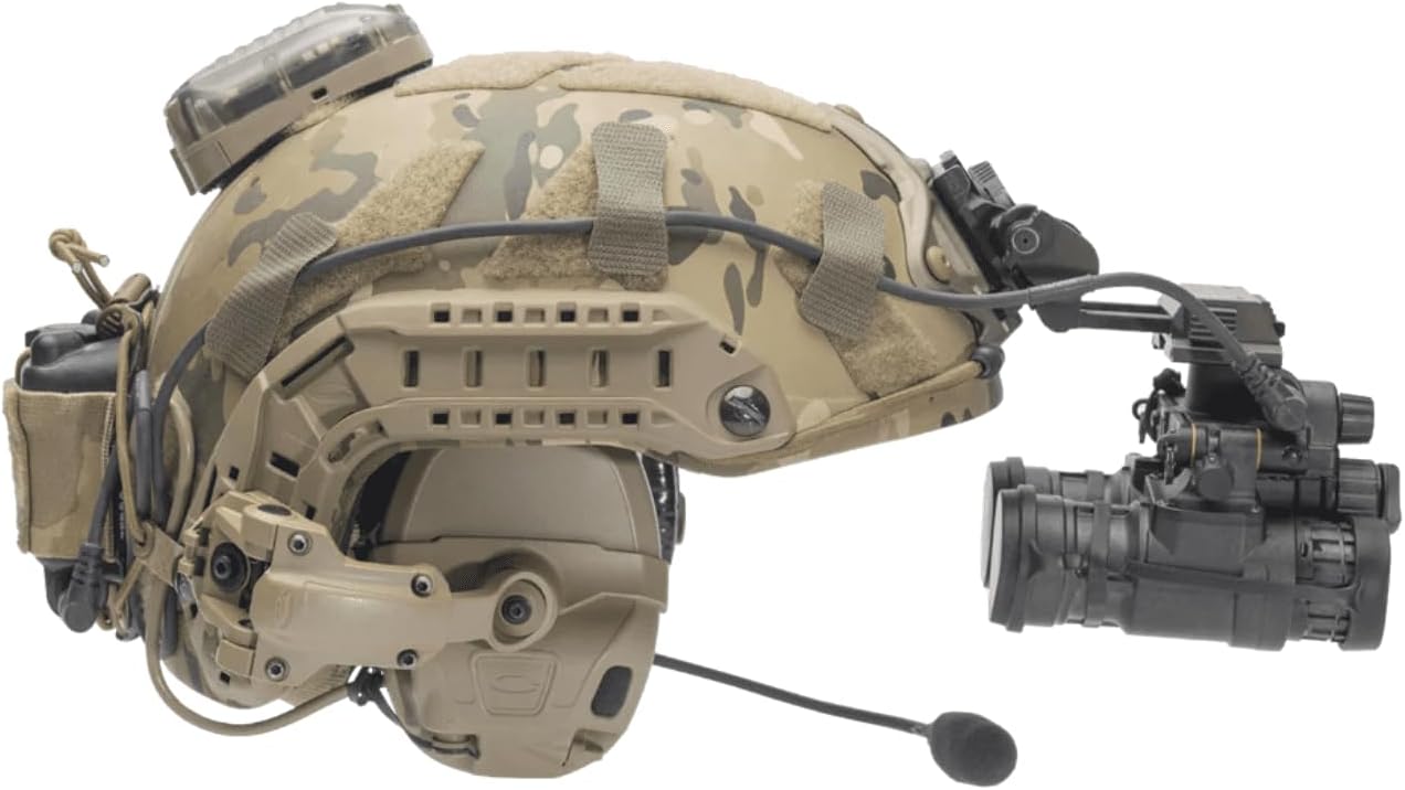 Tan Tactical Hook & Loop Cable Management attached to  a helmet.