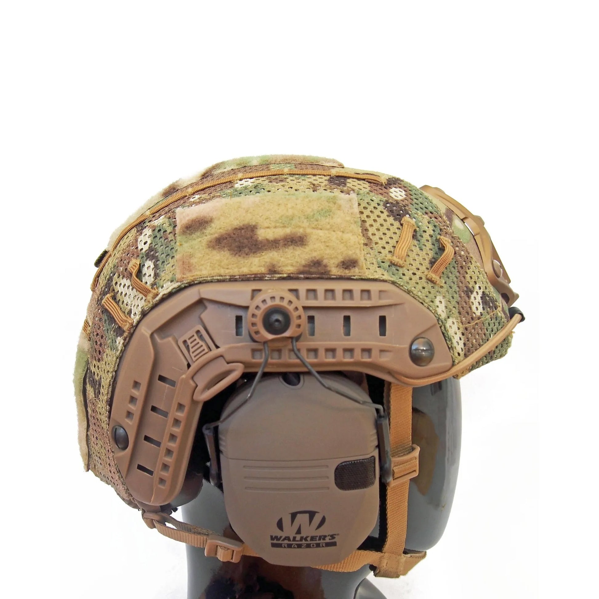 Micro ARC Rail Headset Adapters mounted on a helmet in Tan variant.