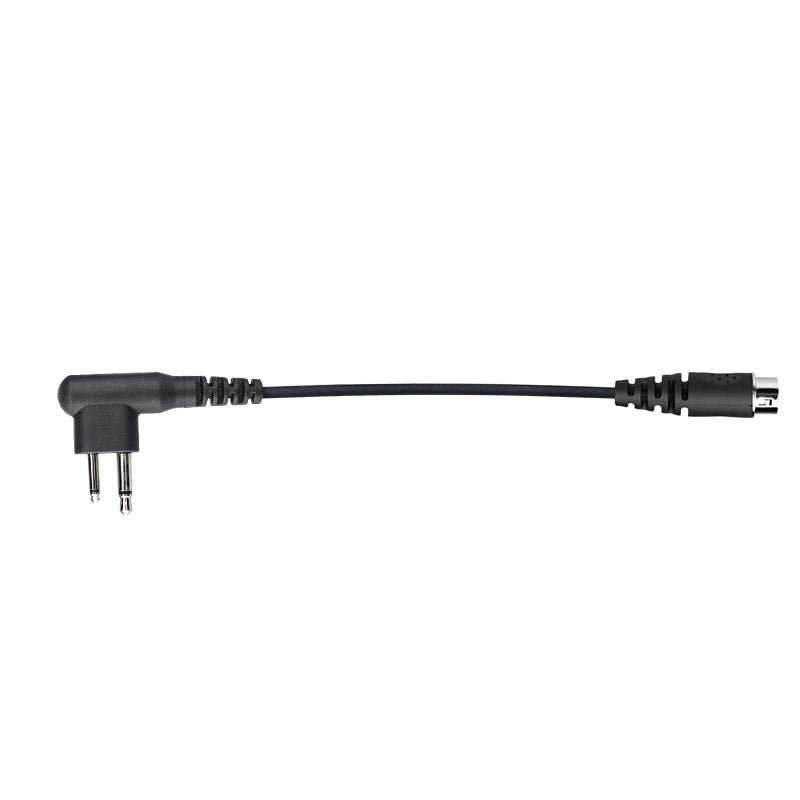 Black Hirose PTT to Motorola 2-pin radio adapter cable for connecting tactical push-to-talk systems to Motorola radios.