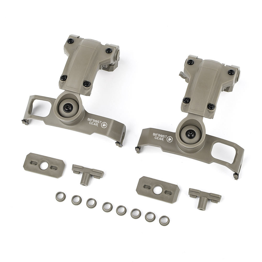 Bifrost Gear COM-RAC PRO adapters for mounting Walker’s Razor earmuffs to helmet rails.