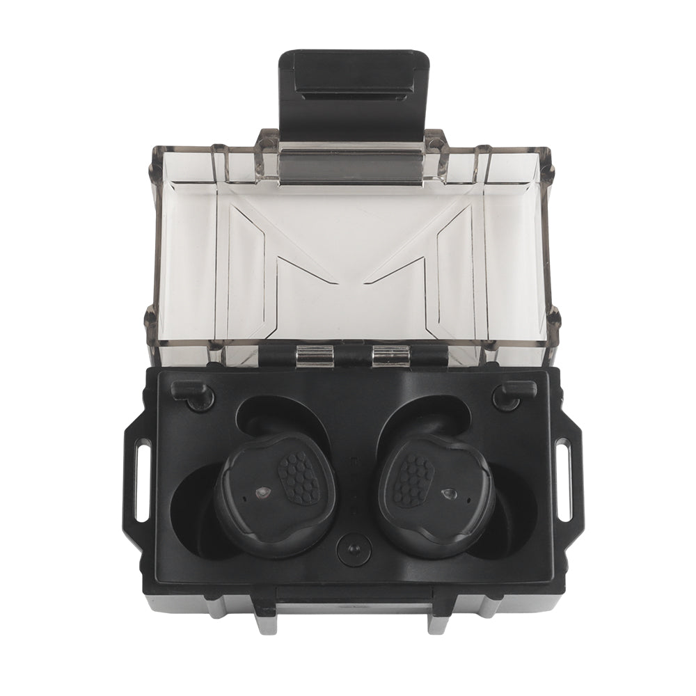 Rechargeable tactical hearing protection earbuds with USB-C charging case