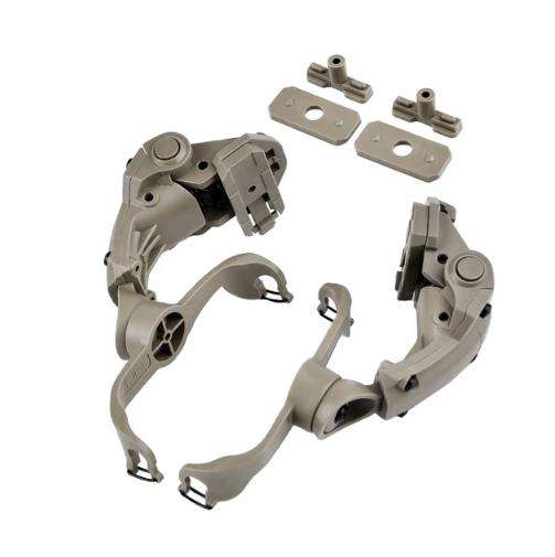 Tactical helmet rail adapters for Howard Leight headsets with metal retention latch and mounting hardware.