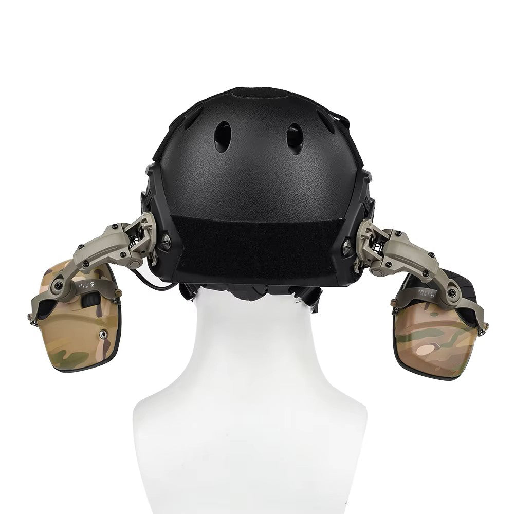 Bifrost Gear COM-RAC PRO adapters for mounting Howard Leight earmuffs to tactical helmet rails.