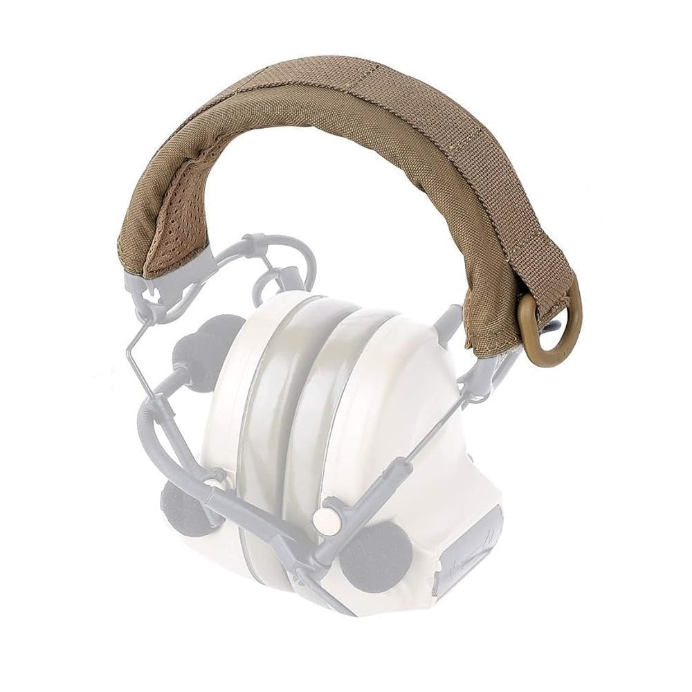 Tan Padded Headband Cover for Earmuffs and Headsets attached to the headset.