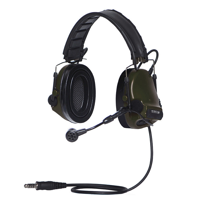 Electronic comms headset with NRR 26dB protection and automatic noise suppression cutoff