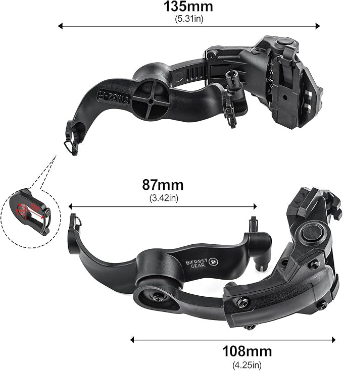 Bifrost Gear COM-RAC PRO adapters for mounting Earmor headsets to tactical helmet rails.
