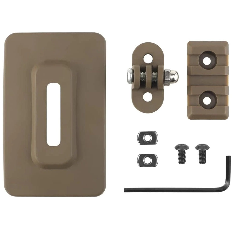 Tan Quick Attach M-LOK Adapter with Picatinny and Action Camera Mount for Tactical Helmets.