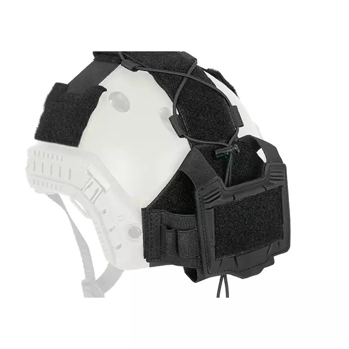 Black Next Gen NVG Counterweight Pouch by Bifrost Gear, mounted on a helmet.