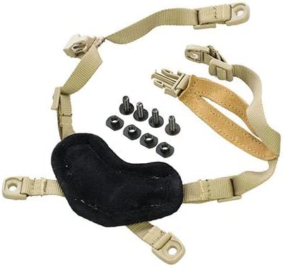 Tactical helmet 4-point chin strap and suspension system in tan.