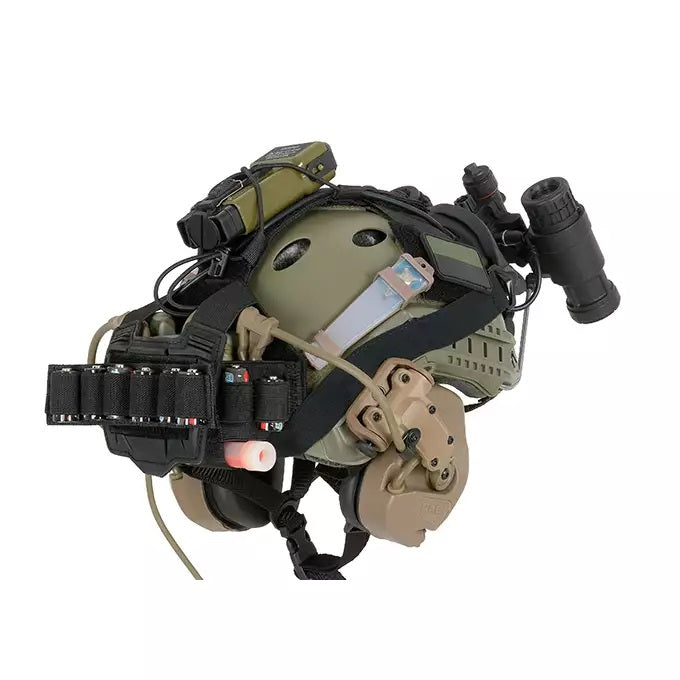 Bifrost Gear's Next Gen NVG Counterweight Pouch in Black, secured to a helmet.