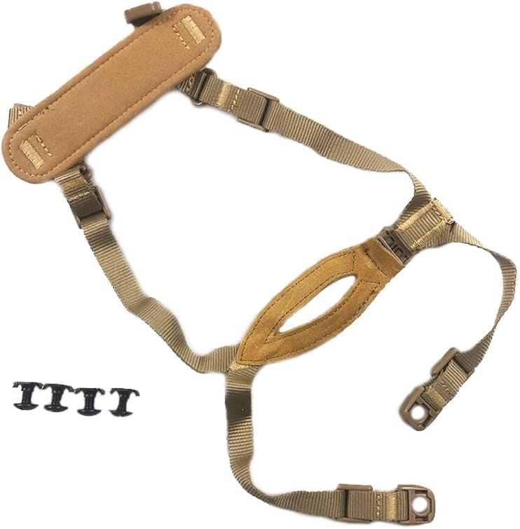 Tan 5-Point Replacement Chin Strap and Suspension System for Tactical Helmets.