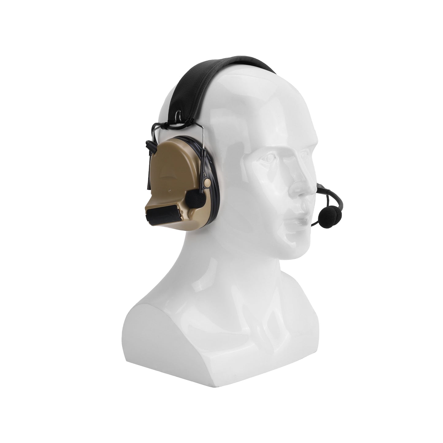 Valhalla NRR 23db Electronic Hearing Protection Headset in tan shown in use.