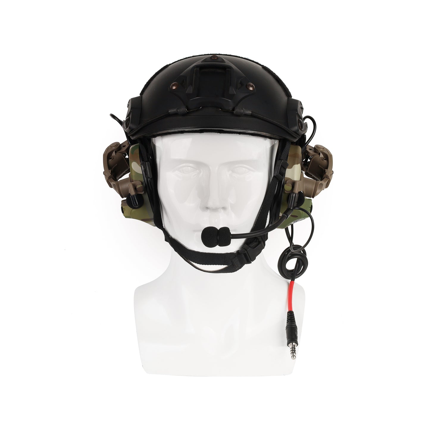 MultiCam Bifrost Gear Valhalla NRR 23dB electronic hearing protection headset, attached to a helmet via Helmet Rail Adapters