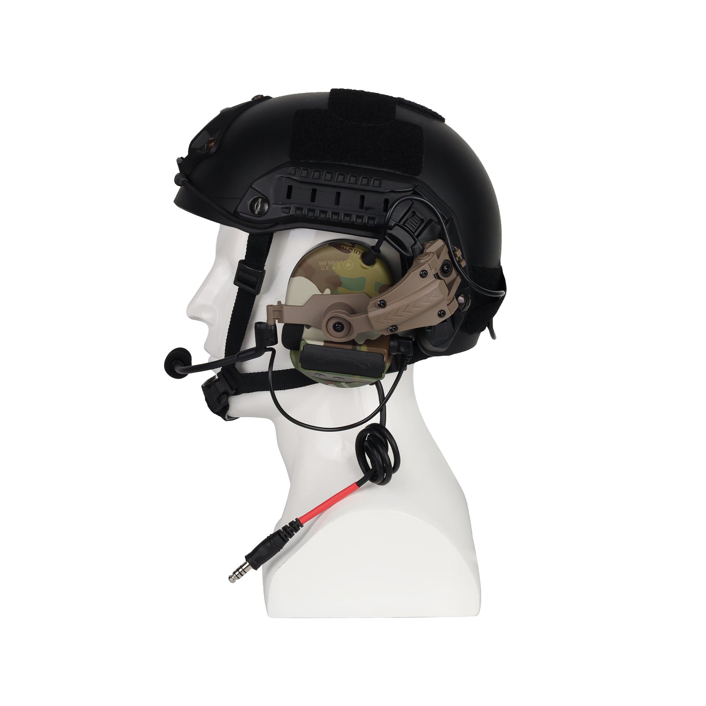 MultiCam Bifrost Gear Valhalla NRR 23dB electronic hearing protection, mounted on a helmet with Helmet Rail Adapters.